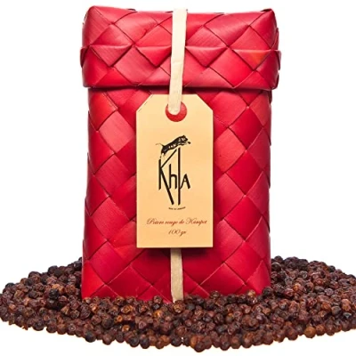Afbeelding van Khla Biologische rode Peper van Kampot in korrels 100g Traditioneel Palmblad Geschenkzakje Grand Cru, Zoet &amp; Fruitig Keukeningrediënt Kruiden uit Azië Oorsprong Cambodja