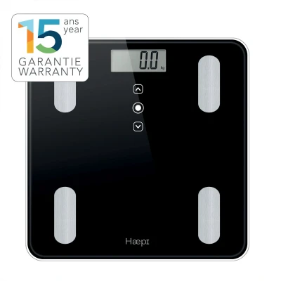 Afbeelding van Haepi Body Analyzer Volledige lichaamsanalyse: BMI, Kcal, gewicht, vetmassa, botmassa, vochtgehalte, spiermassa Modern en elegant design Maximale capaciteit van 180 kg 15 jaar garantie Inclusief batterijen Zwart.