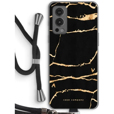 Afbeelding van Case Company® hoesje met Koord geschikt voor OnePlus Nord 2 5G Gouden marmer Telefoonhoesje Zwart Bescherming aan alle Kanten en Over de Schermrand