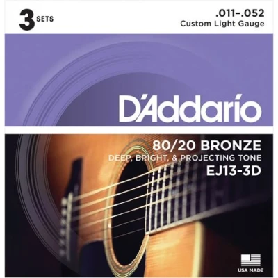 Image de D&#039;Addario EJ13 3D bronze 80/20 Custom Light, 11 52 (3 jeux) jeu guitare acoustique