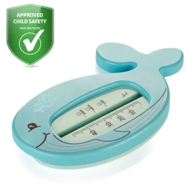 Afbeelding van reer MyHappyBath Babybadthermometer in walvisvorm, schattig walvisdesign, kinderveilige badthermometer, optimale badtemperatuur voor badkuip, zonder