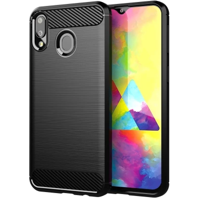 Afbeelding van Cadorabo Hoesje geschikt voor Samsung Galaxy A10e / A20e in Brushed Zwart Beschermhoes van flexibel TPU siliconen roestvrij staal carbonvezel look Case Cover