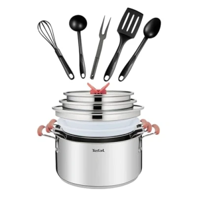 Afbeelding van Tefal Opti&#039;Space G720SD74 Kookgerei, 13 delig, kookpan + deksel, gebruiksvoorwerpen, inductie, roestvrij staal 18/10, hoge kwaliteit, stapelbaar,