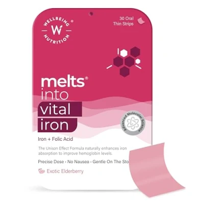 Afbeelding van Ijzer 19mg &amp; Foliumzuur Vorming van rode bloedcellen en hemoglobine Smeltblaadjes (geen capsule geen water) Vitaminen Mineralen Supplement Snel oplossende orale vegan strips 30 Exotisch Elderberry Smaak Wellbeing2day MELTS