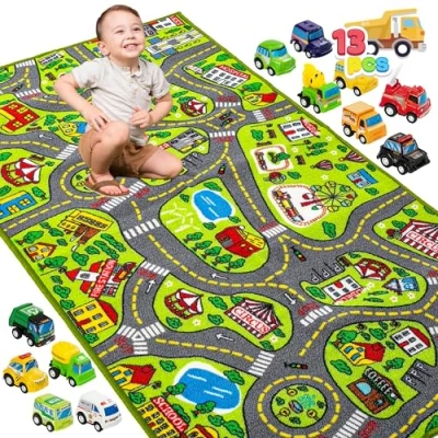 Afbeelding van JOYIN Kinderen spelen tapijten met 12 pull back voertuig set, Duurzaam Kids tapijt Playmat tapijt, Stad Pretend Play, Peuter auto Track