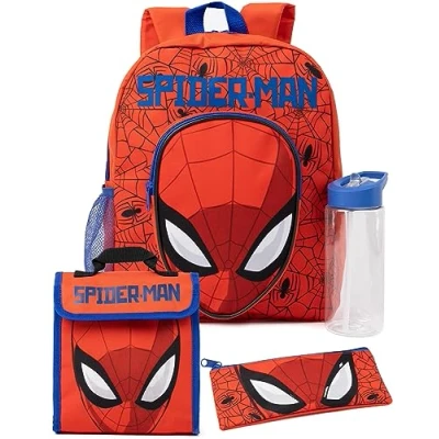 Afbeelding van Marvel Spider Man 4 delige rugzakset voor jongens met schooltas, etui, lunchtas en waterfles, bijpassende complete Spiderman set, terug naar schoolcadeaus voor, Rood