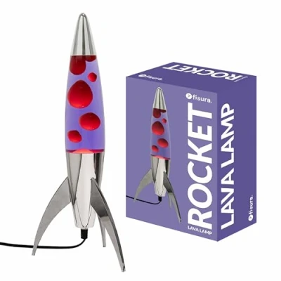 Afbeelding van Fisura paarse lavalamp &quot;rocket&quot;. Basis verchroomd, vloeistof en rode lavalamp. Retro met reservelamp. 20 cm x 45