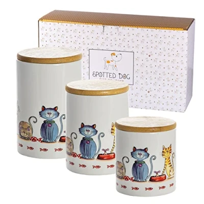 Afbeelding van Keramische voorraadpotten met houten deksel Kattenthema Opbergpotten voor kattenliefhebbers Geweldig keukendecor 700ml, 800ml &amp; 1L capaciteit Set van 3