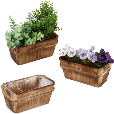 Afbeelding van Relaxdays Plantenbak hout set van 3 klein balkonbak met folie bloempot natuur