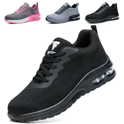 Afbeelding van WUAYAMI veiligheidsschoenen voor dames en heren, lichte met stalen neus, licht, ademend, comfortabele veiligheidsschoenen, zwart.