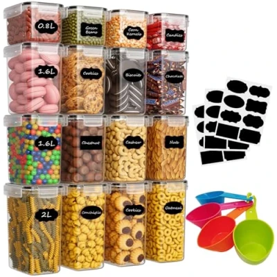 Afbeelding van Withosent Voorraaddozen, luchtdicht, set van 16, opbergdoos voor keuken met deksel plastic, voorraaddoos, organizer meel, muesli, cornflakes (2 l, 1,6 0,8 l)