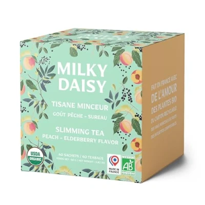 Afbeelding van Milky Daisy Biologische afslankende kruidenthee smaak perzik vlierbessen 🍑🌿 Platte buik, afslankmiddel, 40 zakjes