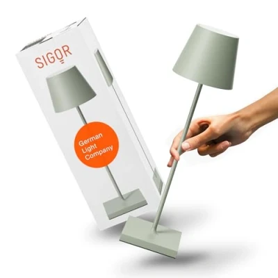Afbeelding van SIGOR Nuindie Led tafellamp, dimbaar, voor binnen en buiten, IP54, spatwaterdicht, hoogte 38 cm, oplaadbaar met USB C, 12 uur looptijd, lichtbeige