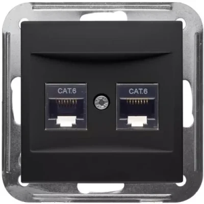Afbeelding van PEHA BADORA dubbele data / telefooncontactdoos cat.6 incl afdekking Mat zwart D 11.1858/8.193 UAE C6
