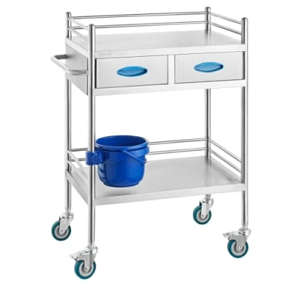 Afbeelding van VEVOR 2 laagse roestvrijstalen laboratoriumwagen met twee laden, tandartswagen afsluitbare wielen en emmer voor laboratorium, ziekenhuis, tandheelkundig gebruik