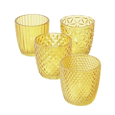 Afbeelding van Boltze Marilu 2001878 Set van 4 theelichthouders voor theelichtjes, kaarsenhouder Ø 8 cm, verschillende motieven, ronde vorm, gele theelichthouder