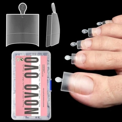 Image de NOVO OVO Lot de 15 tailles 240 faux ongles d&#039;orteils, extension d&#039;ongles d&#039;orteils en gel souple, demi couvrance, carré transparent, mat, courbe C, pince pour pédicure,