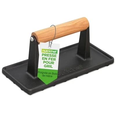 Afbeelding van NutriChef Grill Pers Zware Gietijzeren Vleespers Houten Handvat Versnelt de Kooktijd voor Steak, Burger, Vlees, Bacon, Quesadilla&#039;s en Meer