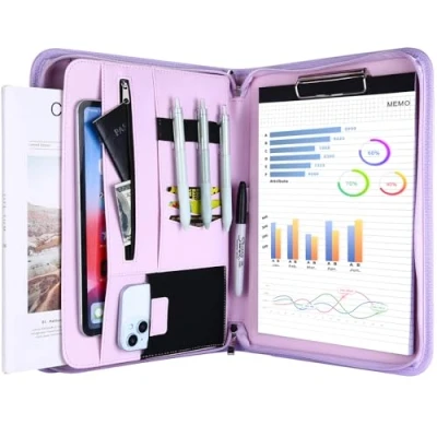 Afbeelding van ProCase A4 portfolio van kunstleer, documentenhouder met geschreven papieren, notitieblokhouder voor vergaderingen/afspraken, portemonnee ritssluiting, licht, duurzaam, magenta