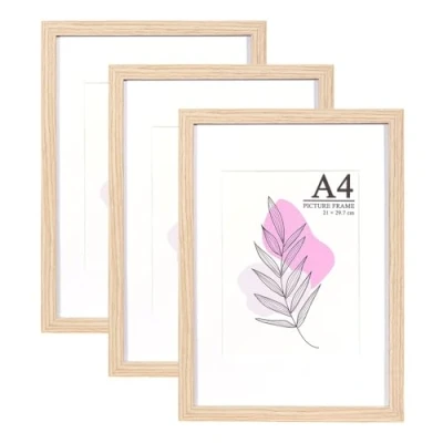 Afbeelding van Baoee A4 fotolijst eiken met passe partout acrylglas, posterlijst, certificaat, vrijstaand, wandmontage, 3 stuks