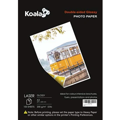 Afbeelding van KOALA Dubbelzijdig glanzend fotopapier voor laserprinters, A3, 200 g/m², 100 vellen. Geschikt het afdrukken van foto&#039;s, brochures, certificaten, boekjes, flyers, kalenders, kaarten