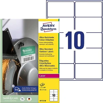 Afbeelding van AVERY Zweckform B7173 50 500 etiketten van duurzame folie (99 x 57 mm op A4 formaat, extreem sterk, voor harde oppervlakken, zelfklevende buitenfolie, bedrukbaar) vellen, wit
