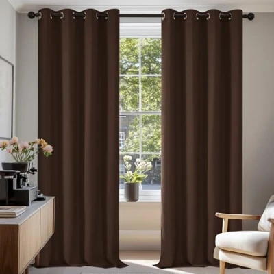Afbeelding van Deconovo Warmte isolerende verduisteringsgordijnen, gordijnen voor jongens slaapkamer, modern design met oogjes, 140 x 245 cm (breedte hoogte), chocoladebruin, 2 stuks