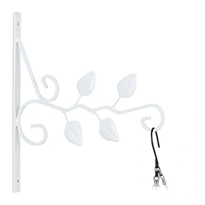 Afbeelding van Relaxdays plantenhaak met bladeren wandhaak planten hanging basket haak ijzer wit