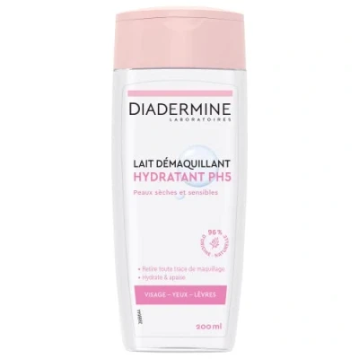 Image de Diadermine Lait Démaquillant Visage, Yeux et Lèvres Hydratant PH5 Peaux Sèches Sensibles Hydrate Apaise Nettoyant 96% d&#039;ingrédients d&#039;origine naturelle Flacon de 200 ml