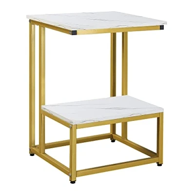 Afbeelding van HOMCOM Moderne salontafel, woonkamer, bijzettafel, slaapkamer, zitbank, design, structuur, goudkleurig staal, legplank, marmerlook, wit