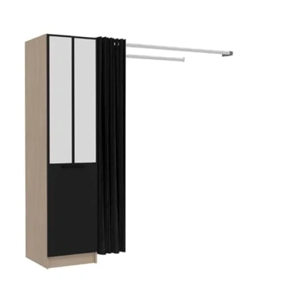 Afbeelding van Kledingkast Botan H 180 cm 1 draaideur, 3 legplanken, kledingroede, gordijn eik