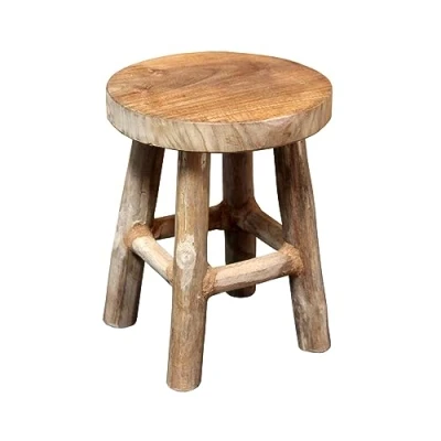 Afbeelding van Spetebo Ronde teakkruk met 4 poten, echt hout, decoratie voor planten en bloemen, 22 x 17 cm, naturel/medium