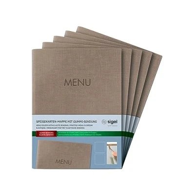 Afbeelding van SIGEL SM211/5 menumap A5, rubberen band, beige met linnenstructuur, 5 stuks, duurzaam en gemakkelijk schoon te maken