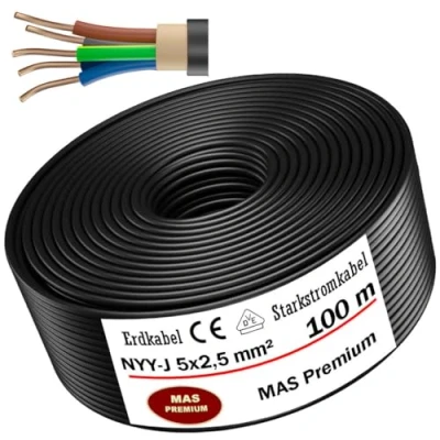 Afbeelding van MAS Premium® Aardingskabel voor elektrische stroomvoorziening standaard van het Duitse merk, ring installatie in de grond en buiten, Made Germany (NYY J 5 x 2,5 mm², 100 m)