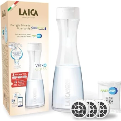Afbeelding van Laica Flow&#039;n Go GlaSSmart BK31A0 glazen waterfilterkan en waterfles in 1 inhoud 1,1 liter inclusief 3 x fast disk waterfilter filter terwijl je schenkt