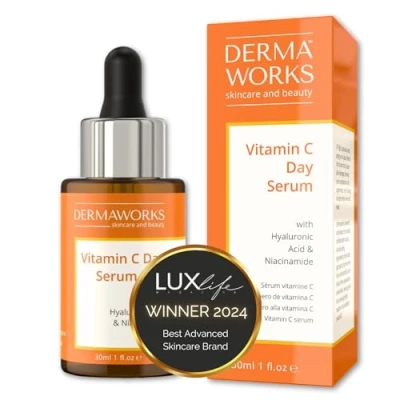 Afbeelding van DERMAWORKS vitamine C gezichtsserum 20% + hyaluronzuur en niacinamide serum voor het gezicht, gezichtsverzorging, verrijkt met hyaluronzuur, C, anti aging, rimpel, 30 ml