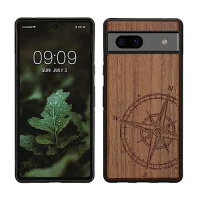 Afbeelding van kwmobile telefoonhoesje geschikt voorGoogle Pixel 7a Hoesje met bumper walnoothout In donkerbruin Vintage Kompas design