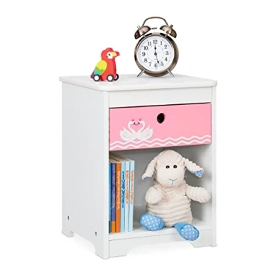 Afbeelding van Relaxdays nachtkastje voor kinderen, zwanendesign, lade en opbergvak, kinderkamer, 41 x 32 31 cm (h b d), wit/roze