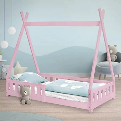 Afbeelding van Kinderbed met uitvalbeveiliging en lattenbodem 80x160 cm Roze grenenhout ML Design