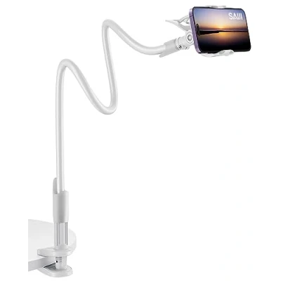 Afbeelding van SAIJI Mobiele telefoonhouder voor bed, zwanenhals, lange arm, flexibel, 360 graden draaibaar, iPhone 15, 14, 13, 12 Pro Xs, Samsung S21, 4 7 inch schermapparaten (wit)