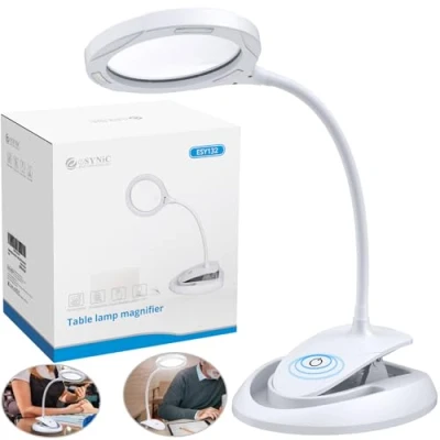 Afbeelding van eSynic 2 in 1 LED Magnifying Lamp, Table Magnifier 5 x 10X Magnification, Lamp with Clip, 3 Brightness Modes, USB Charging, Base and Clip Ideal for Reading, Office, Craft