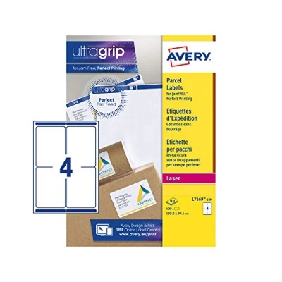 Afbeelding van Avery L7169, Verzendetiketten, Laser, Ultragrip, wit, 100 vellen, 4 per vel, 99,1 x 139 mm etiket