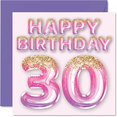 Afbeelding van Verjaardagskaart voor vrouwen Roze en paarse glitterballonnen Verjaardagskaarten van 30 jaar, vriendin, zus, moeder, tante, 145 mm x mm, wenskaarten dertig jaar