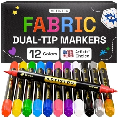Afbeelding van ARTISTRO 12 stoffen markers met dubbele punt, textieldecoratieset, permanent voor kleding, zonder vlek T shirts, tassen, textiel, canvas en meer (penseelpunt fijne punt)