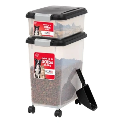 Afbeelding van Iris Ohyama Droogvoercontainer, luchtdicht, met wieltjes, 30 liter + 10 liter/15,8 kilogram, zwart, klapdeksel waterdichte afdichting, kunststof, voor honden, katten, lekkernijen, container
