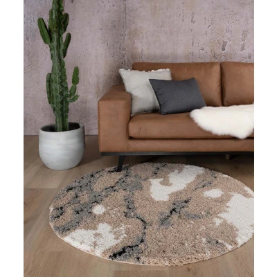 Afbeelding van Rond Hoogpolig Tapijt/Vloerkleed Marble Artisan Beige 120 Cm