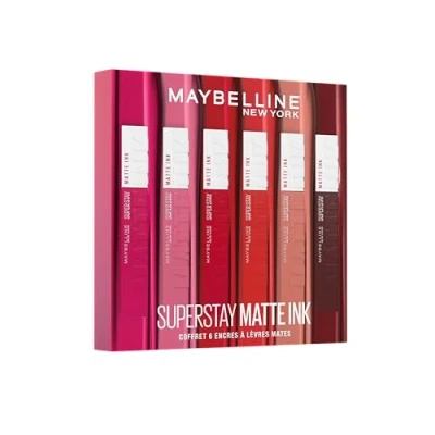 Afbeelding van Maybelline New York Exclusieve set met 6 vloeibare lippenstiften, langhoudend Superstay Matte Ink kleuren: Lover (15) / Seductress (65) Artist (120) Dancer (118) Pioneer (20) Voyager