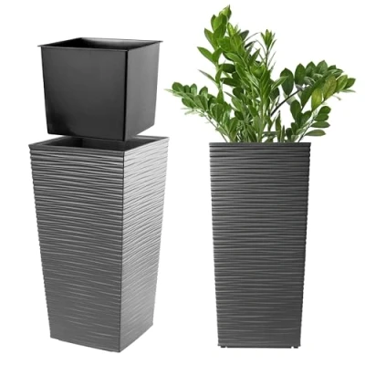 Afbeelding van KADAX Bloempot/plantenpot, met kunststof binnenpot, voor binnen en buiten, tuin, balkon, terras, huis, weerbestendig, imitatie rotan, 36 cm hoog, grafiet
