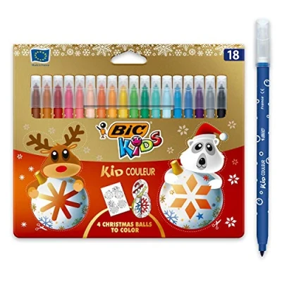 Afbeelding van BIC Kids Kid Kleur wasbare kleurstiften met medium punt gelimiteerde kersteditie verschillende kleuren, etui 18 stuks