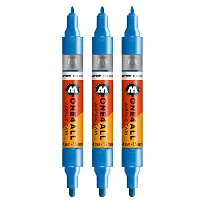 Afbeelding van Molotow One4All Twin acryl markers (lijndikte 1,5 mm en 4 mm, zeer dekkend permanent), kleur 224, metallic blauw, 3 stuks